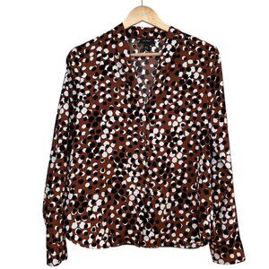 Halogen brown, black and white dotted long sleeve split neck blouse size S
